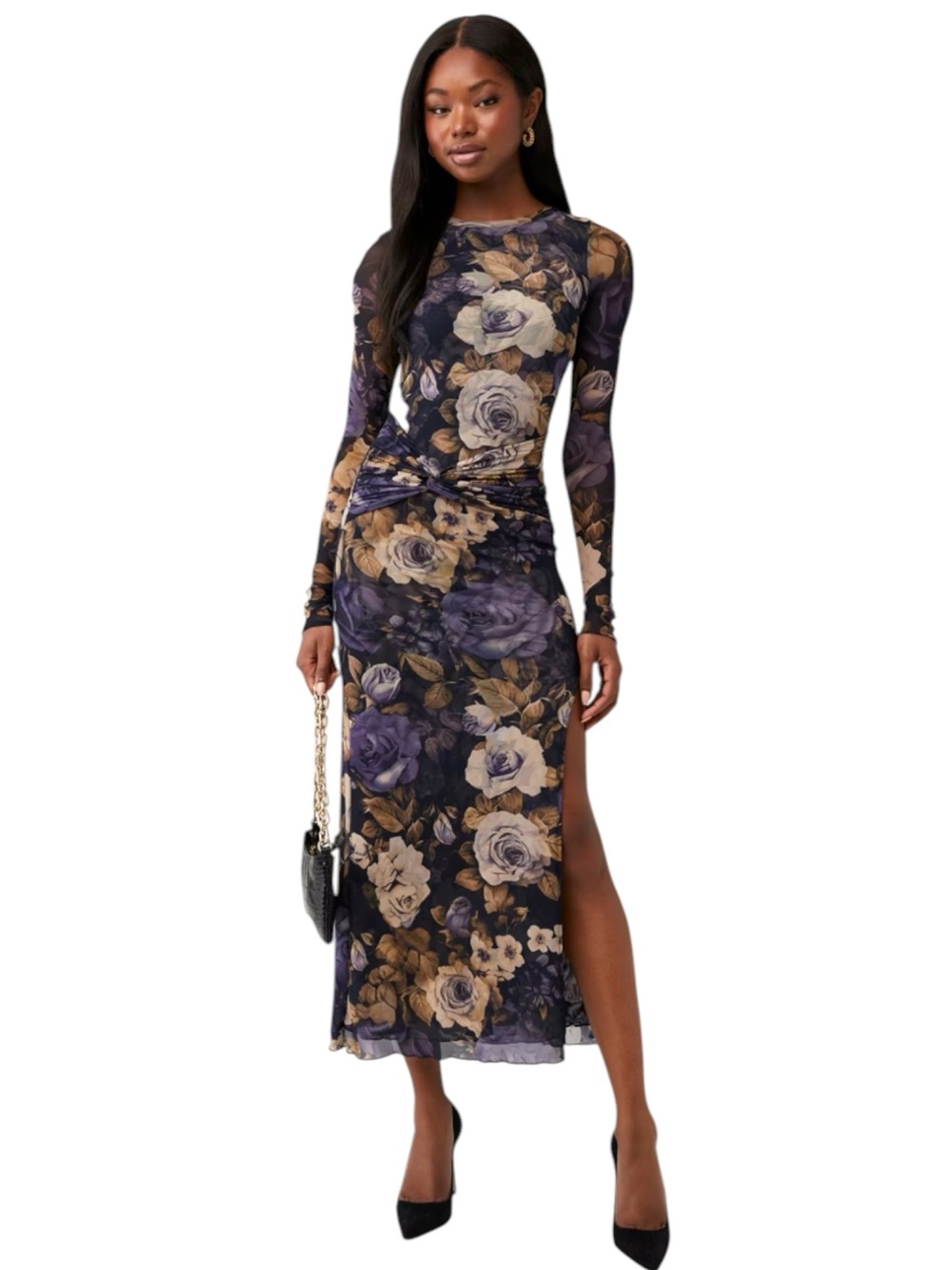 Free People Gianni Maxi Body-con Floral Dress in purple, black and cream SZ M